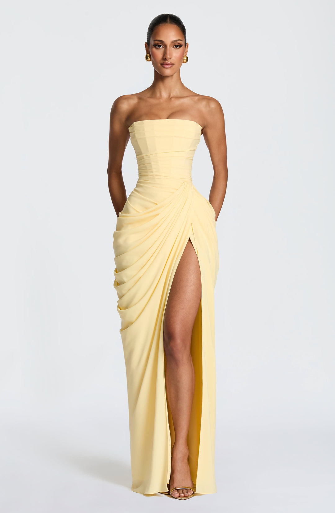 Yvette | Women's Strapless Maxi Dress, Ruched Waist Evening Dress | The Dress Cellar | Yellow