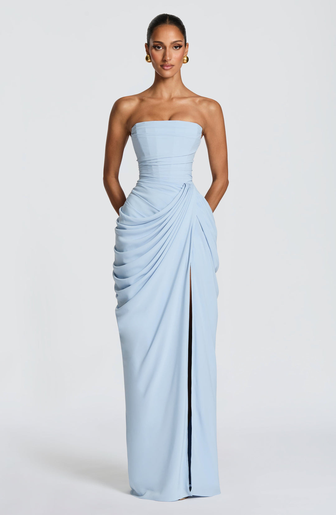Yvette | Women's Strapless Maxi Dress, Ruched Waist Evening Dress | The Dress Cellar | Light Blue