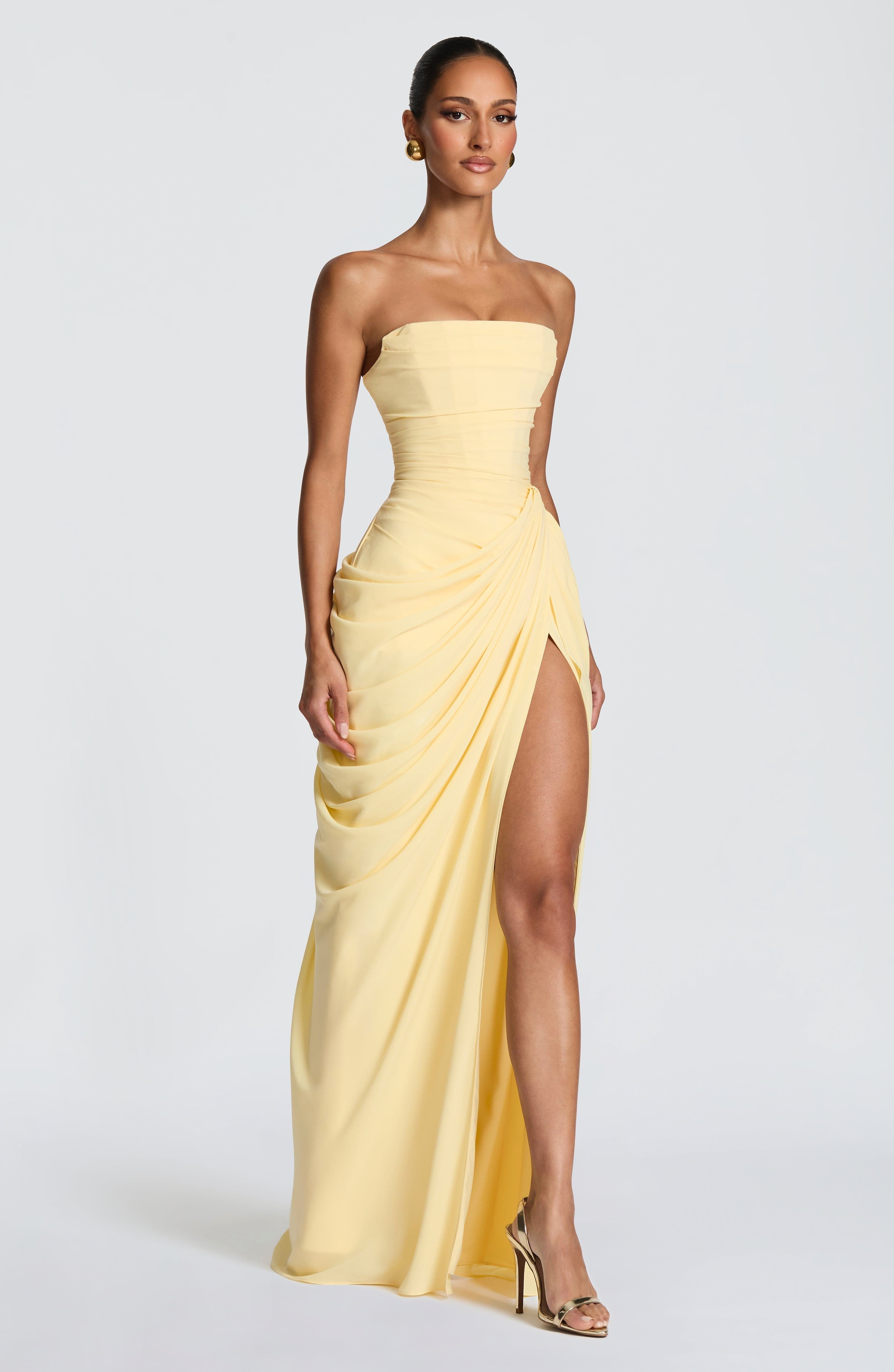 Yvette | Women's Strapless Maxi Dress, Ruched Waist Evening Dress | The Dress Cellar
