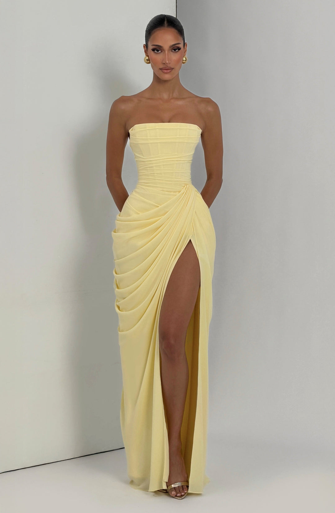 Yvette | Women's Strapless Maxi Dress, Ruched Waist Evening Dress | The Dress Cellar